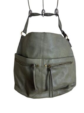 Sonoma Olive Green Leather Shoulder Bag with Front Zip Pockets
